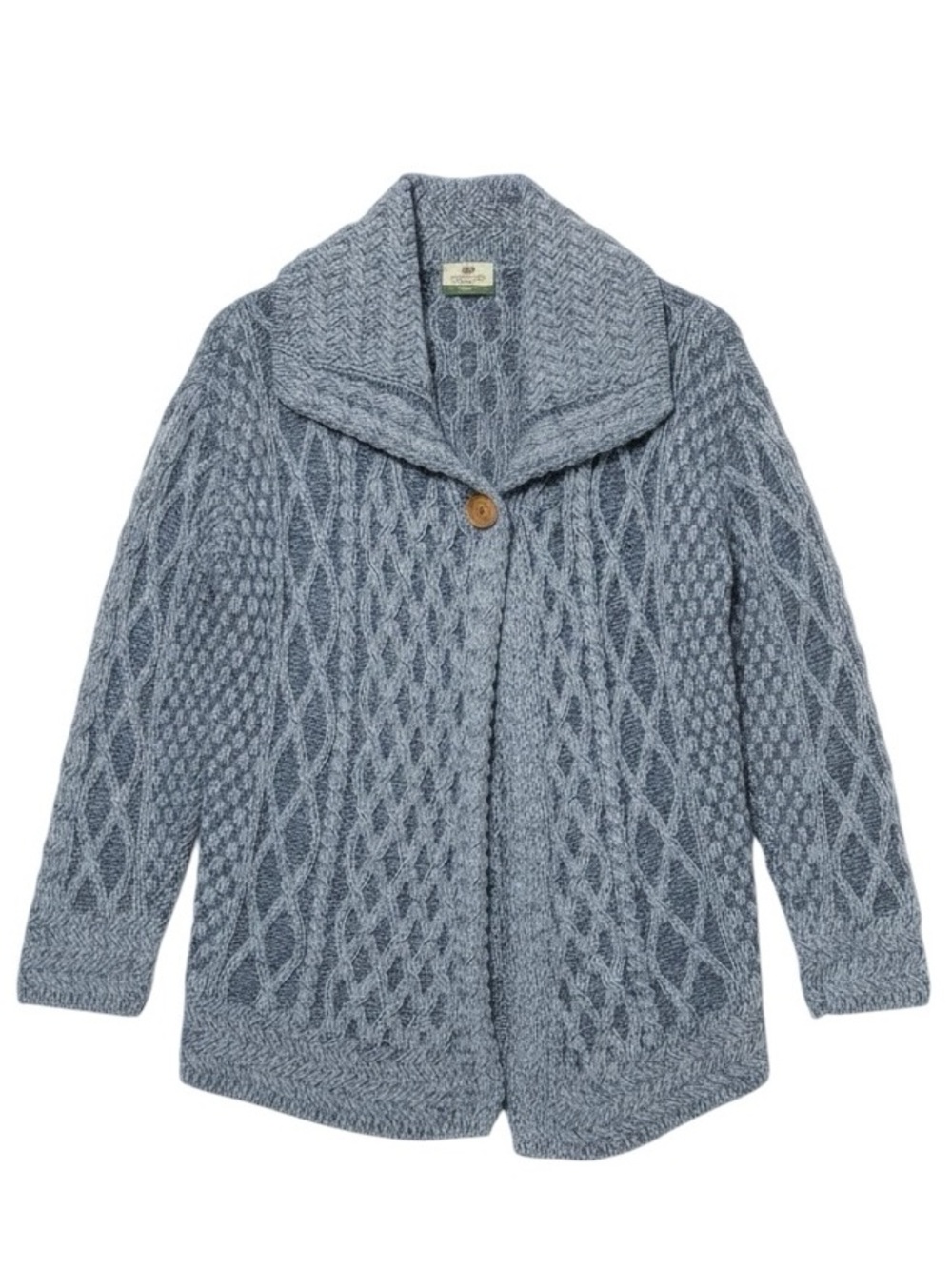 Carraig Donn Aran Merino One Button Cardigan Sweater Blue Made in Ireland XL
